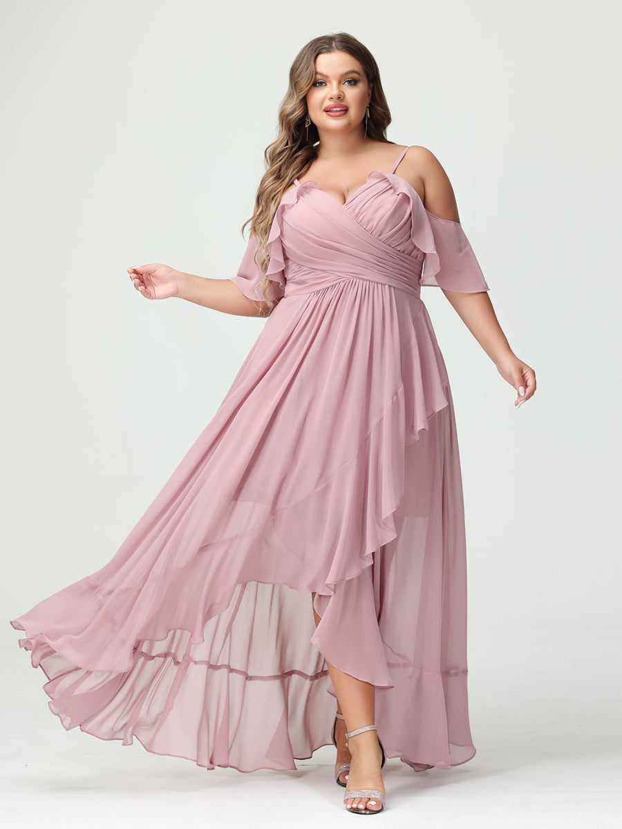 A-Line/Princess Spaghetti Straps V-Neck Short Sleeves Chiffon Ruffles Asymmetrical Plus Size Bridesmaid Dresses - Image 5