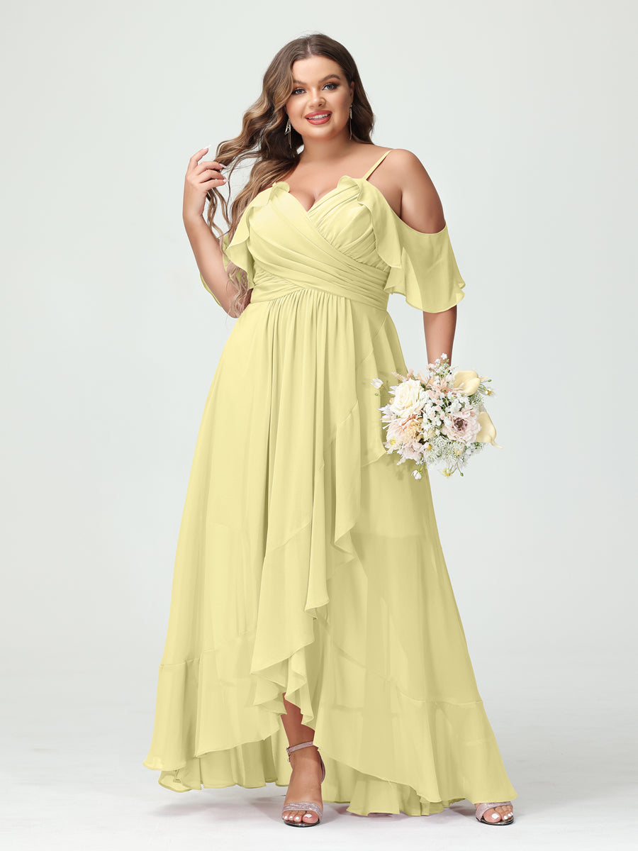 A-Line/Princess Spaghetti Straps V-Neck Short Sleeves Chiffon Ruffles Asymmetrical Plus Size Bridesmaid Dresses - Image 69