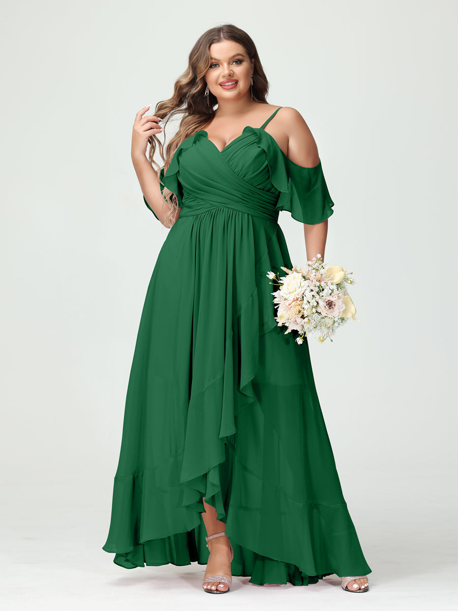 A-Line/Princess Spaghetti Straps V-Neck Short Sleeves Chiffon Ruffles Asymmetrical Plus Size Bridesmaid Dresses - Image 67