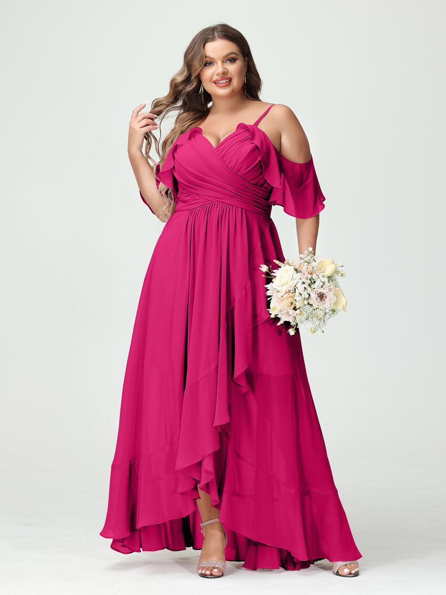 A-Line/Princess Spaghetti Straps V-Neck Short Sleeves Chiffon Ruffles Asymmetrical Plus Size Bridesmaid Dresses - Image 34