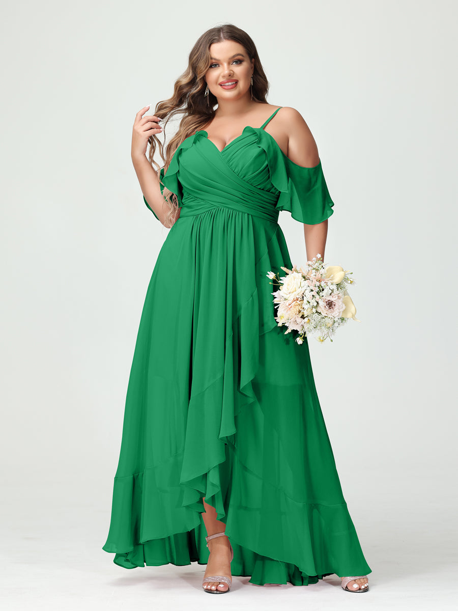 A-Line/Princess Spaghetti Straps V-Neck Short Sleeves Chiffon Ruffles Asymmetrical Plus Size Bridesmaid Dresses - Image 64