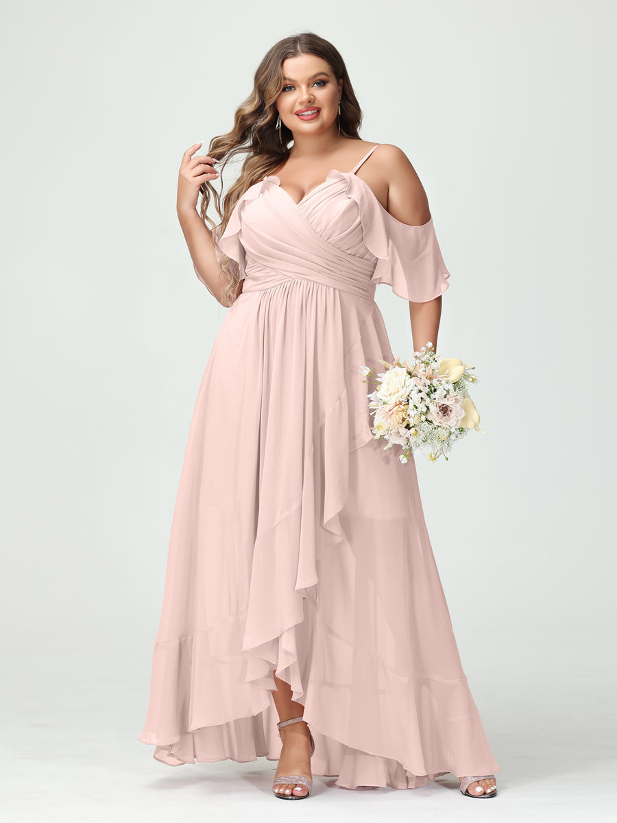 A-Line/Princess Spaghetti Straps V-Neck Short Sleeves Chiffon Ruffles Asymmetrical Plus Size Bridesmaid Dresses - Image 27
