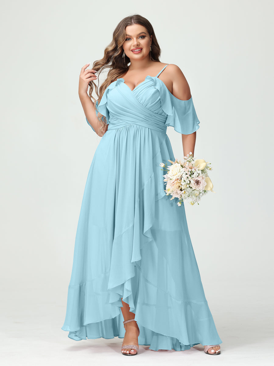 A-Line/Princess Spaghetti Straps V-Neck Short Sleeves Chiffon Ruffles Asymmetrical Plus Size Bridesmaid Dresses - Image 49
