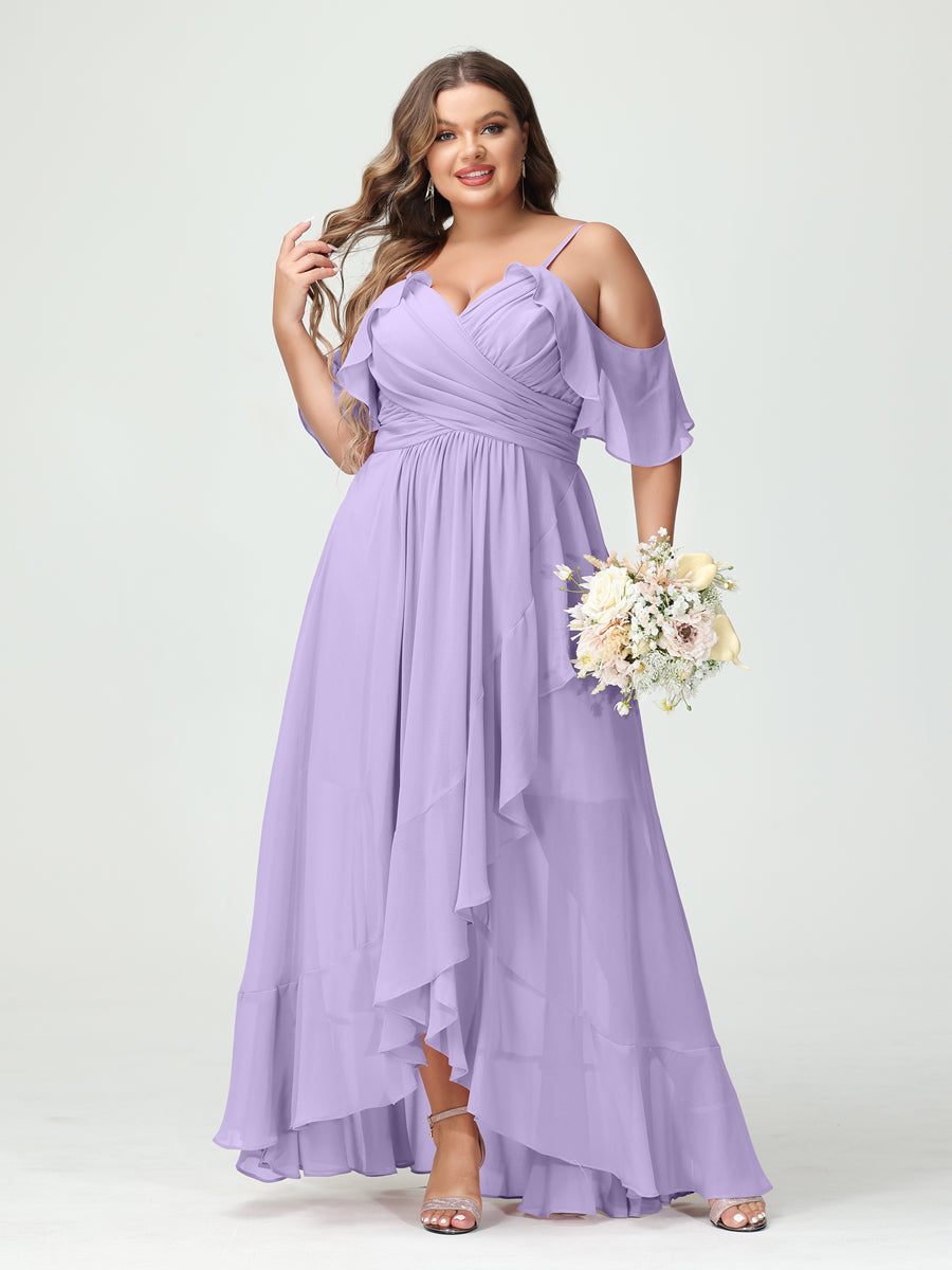 A-Line/Princess Spaghetti Straps V-Neck Short Sleeves Chiffon Ruffles Asymmetrical Plus Size Bridesmaid Dresses - Image 14