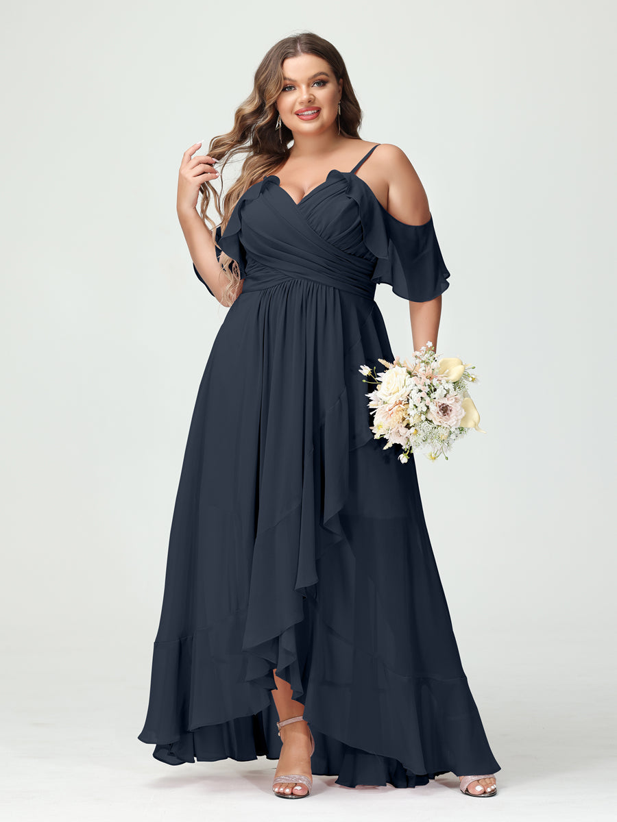 A-Line/Princess Spaghetti Straps V-Neck Short Sleeves Chiffon Ruffles Asymmetrical Plus Size Bridesmaid Dresses - Image 59