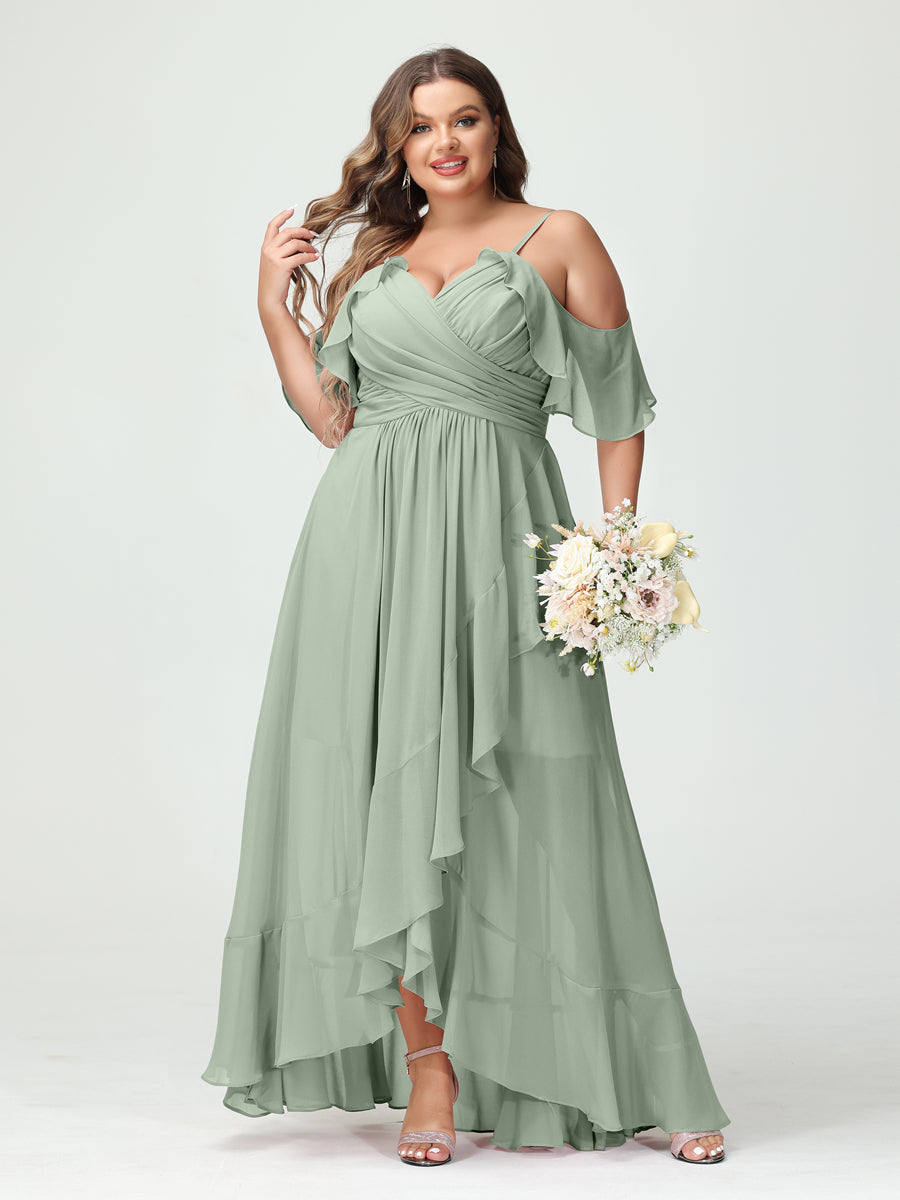 A-Line/Princess Spaghetti Straps V-Neck Short Sleeves Chiffon Ruffles Asymmetrical Plus Size Bridesmaid Dresses - Image 10