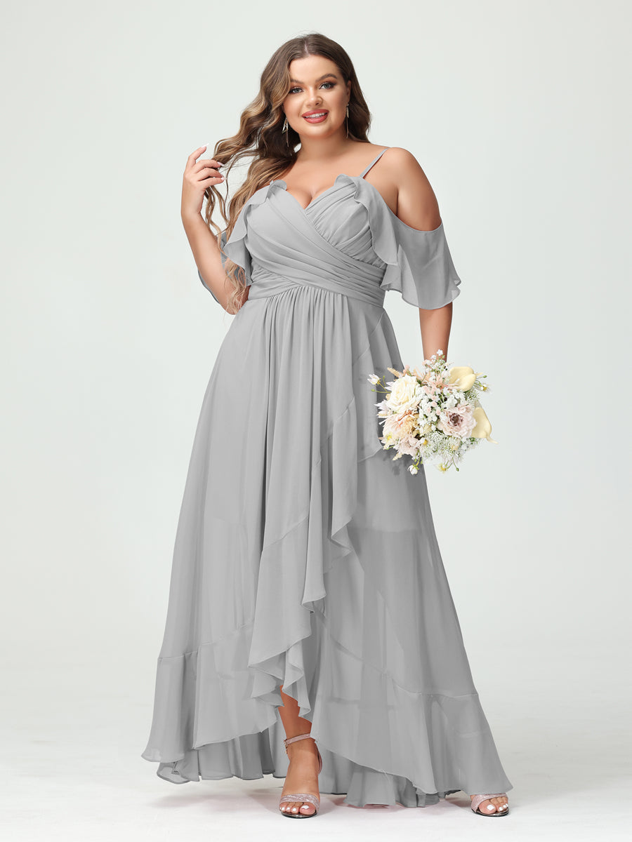 A-Line/Princess Spaghetti Straps V-Neck Short Sleeves Chiffon Ruffles Asymmetrical Plus Size Bridesmaid Dresses - Image 22