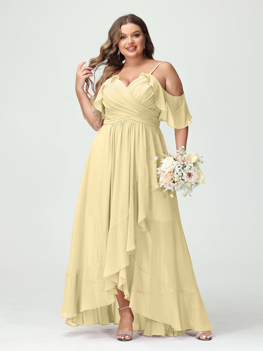 A-Line/Princess Spaghetti Straps V-Neck Short Sleeves Chiffon Ruffles Asymmetrical Plus Size Bridesmaid Dresses - Image 68