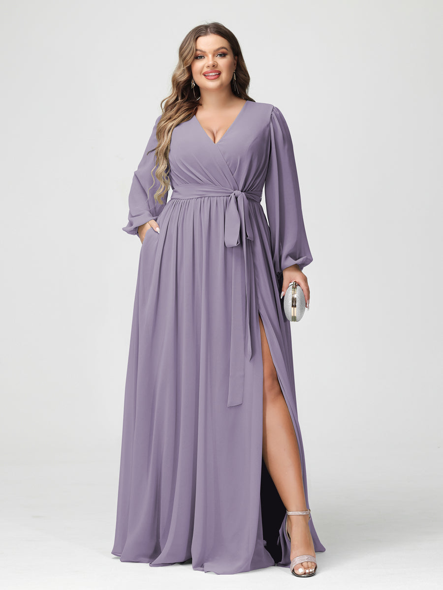 A-Line/Princess V-Neck Long Sleeves Chiffon Plus Size Bridesmaid Dresses with Pockets - 이미지 39