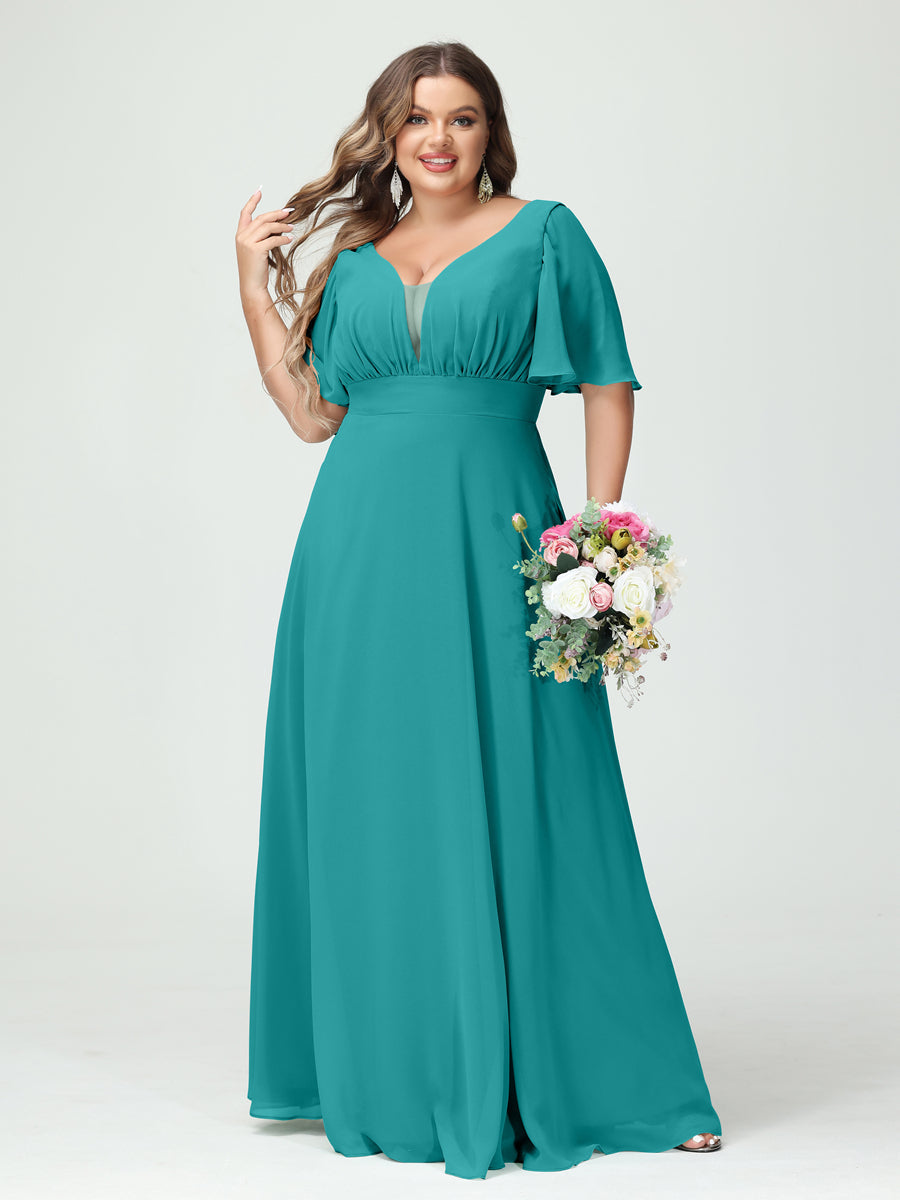 A-Line/Princess V-Neck Half Sleeves Chiffon Plus Size Bridesmaid Dresses with Pockets - Image 52