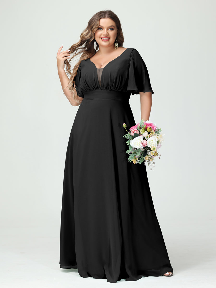 A-Line/Princess V-Neck Half Sleeves Chiffon Plus Size Bridesmaid Dresses with Pockets - Image 18