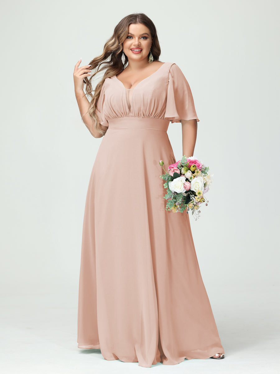 A-Line/Princess V-Neck Half Sleeves Chiffon Plus Size Bridesmaid Dresses with Pockets - Image 28