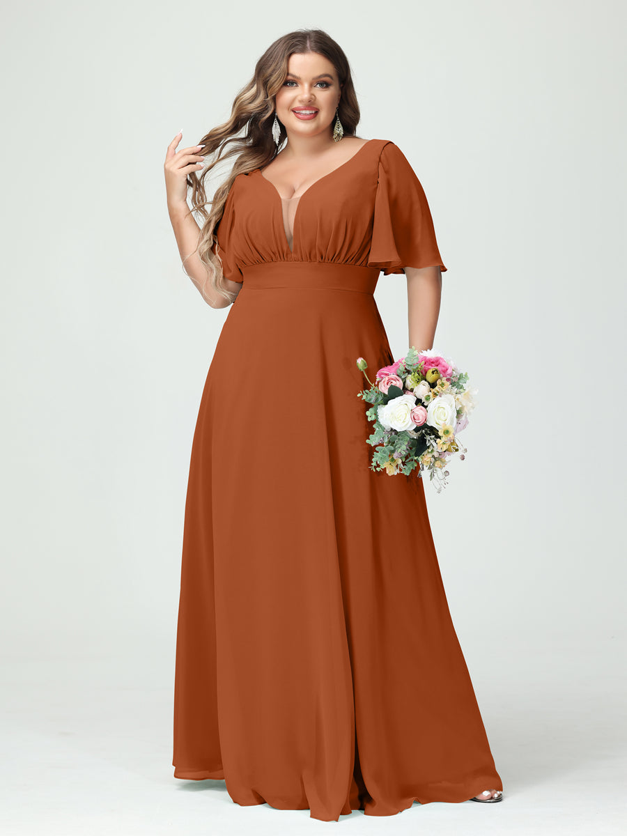 A-Line/Princess V-Neck Half Sleeves Chiffon Plus Size Bridesmaid Dresses with Pockets - Image 9
