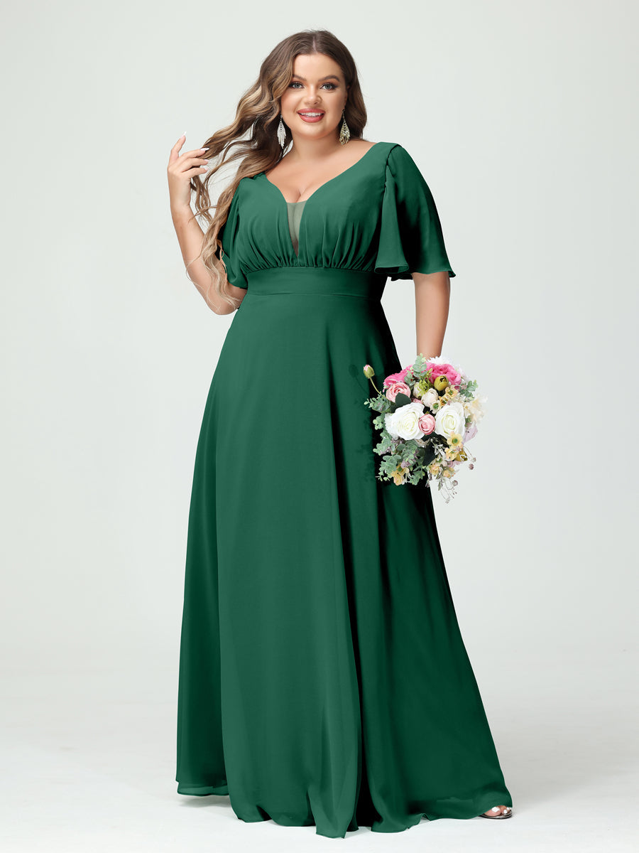 A-Line/Princess V-Neck Half Sleeves Chiffon Plus Size Bridesmaid Dresses with Pockets - Image 11