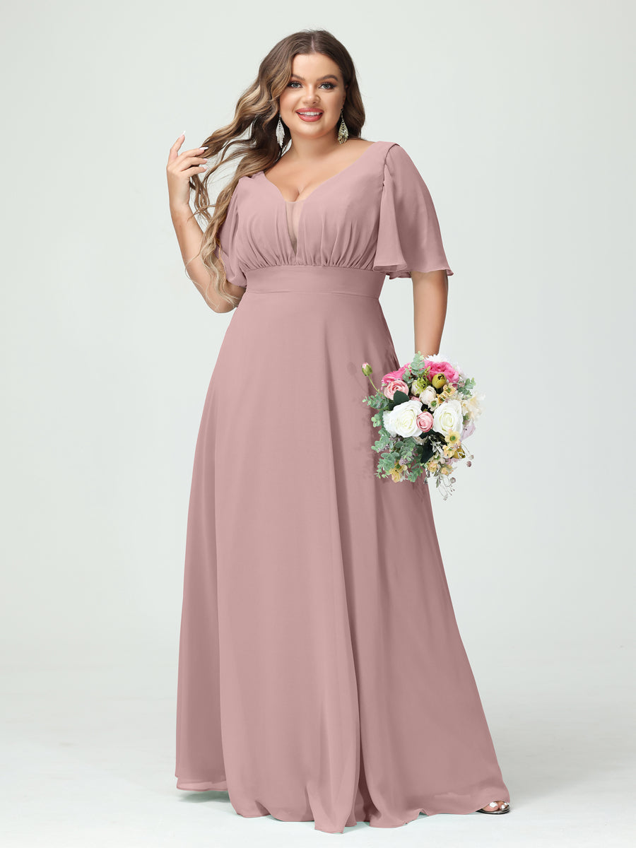 A-Line/Princess V-Neck Half Sleeves Chiffon Plus Size Bridesmaid Dresses with Pockets - Image 30