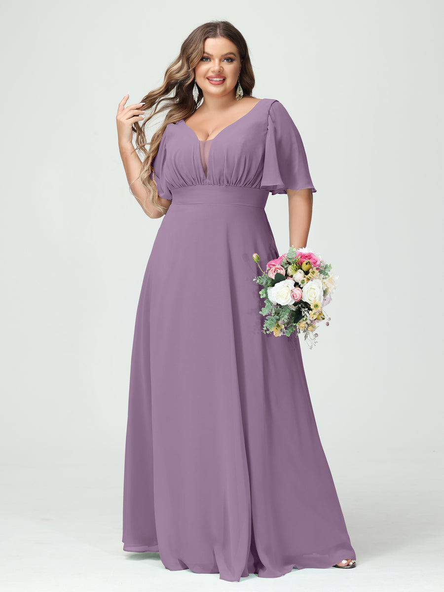 A-Line/Princess V-Neck Half Sleeves Chiffon Plus Size Bridesmaid Dresses with Pockets - Image 40
