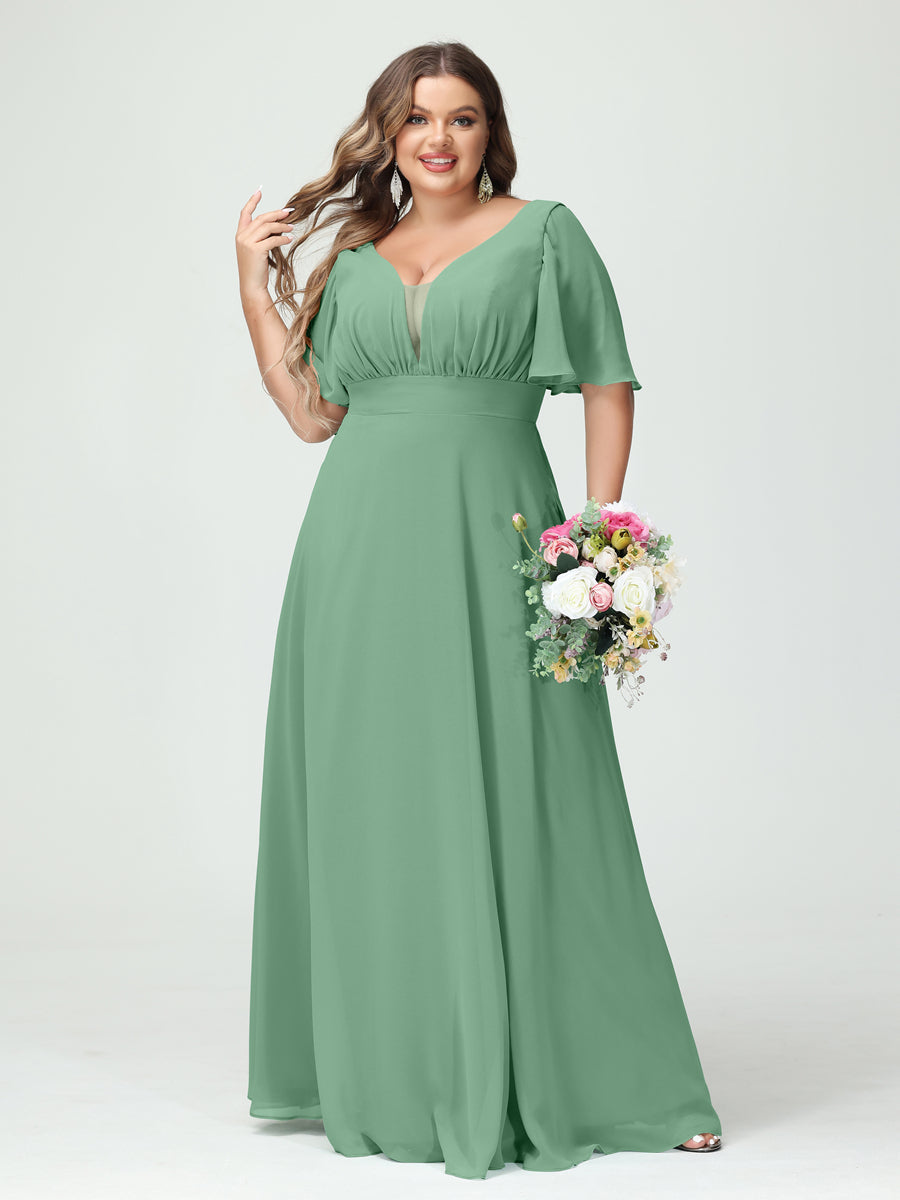 A-Line/Princess V-Neck Half Sleeves Chiffon Plus Size Bridesmaid Dresses with Pockets - Image 17