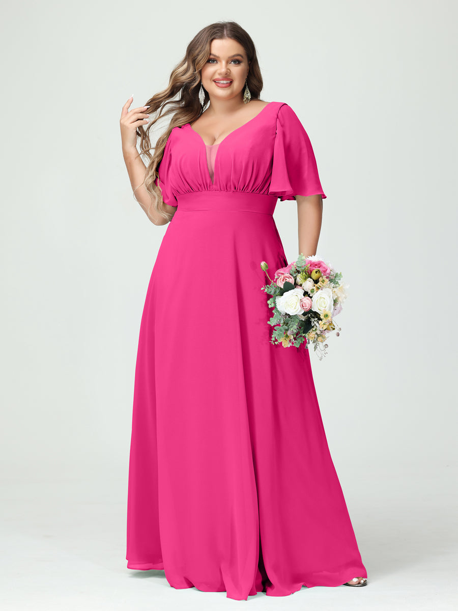 A-Line/Princess V-Neck Half Sleeves Chiffon Plus Size Bridesmaid Dresses with Pockets - Image 33