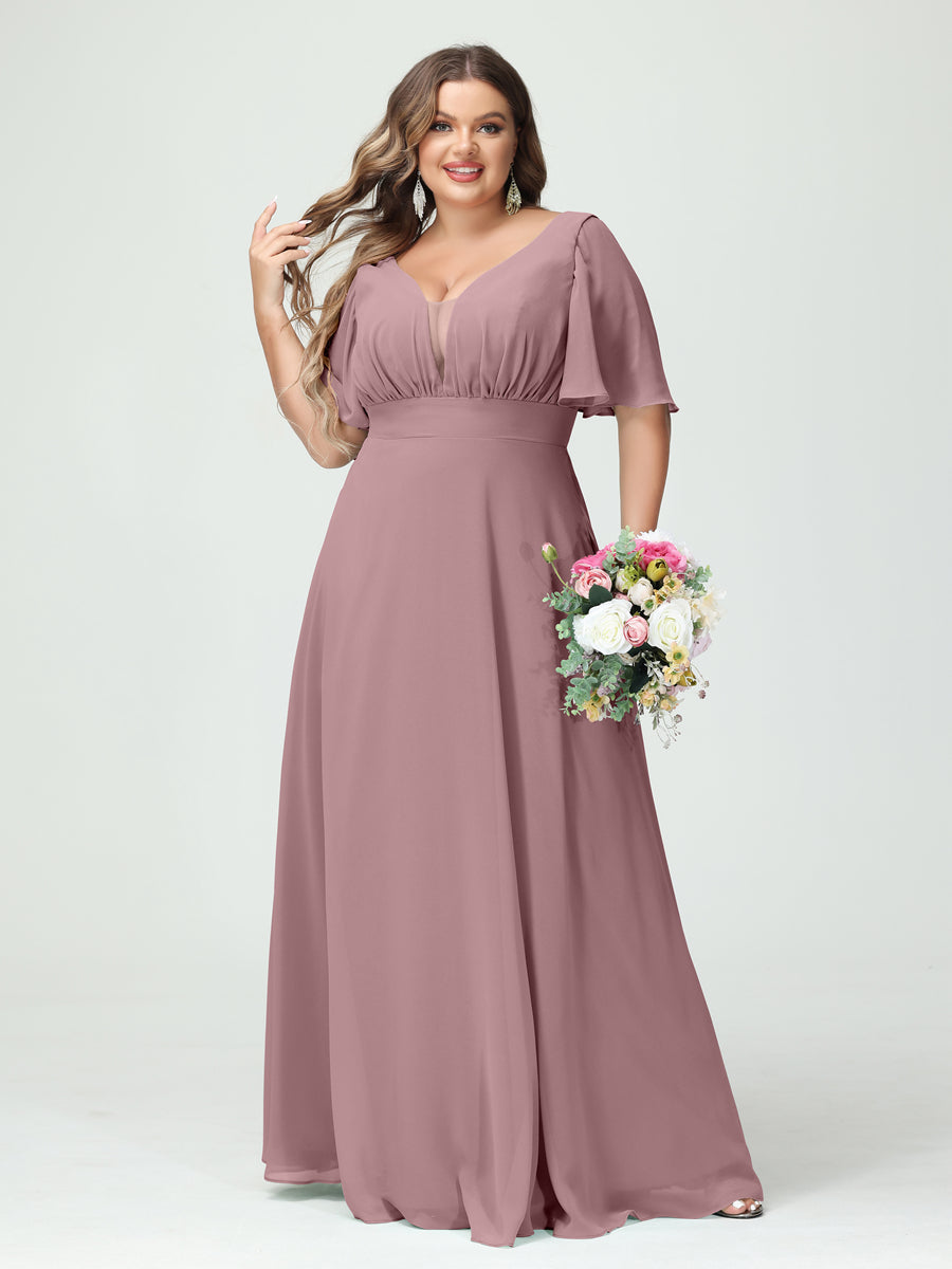 A-Line/Princess V-Neck Half Sleeves Chiffon Plus Size Bridesmaid Dresses with Pockets - Image 31
