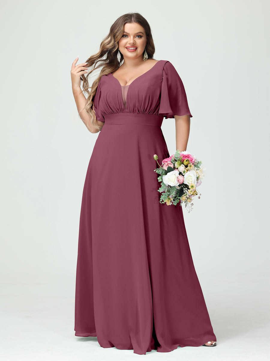 A-Line/Princess V-Neck Half Sleeves Chiffon Plus Size Bridesmaid Dresses with Pockets - Image 43