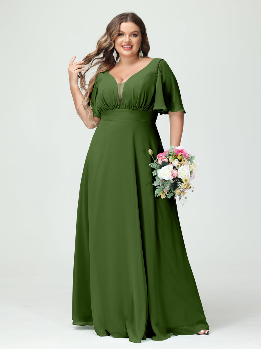 A-Line/Princess V-Neck Half Sleeves Chiffon Plus Size Bridesmaid Dresses with Pockets - Image 65