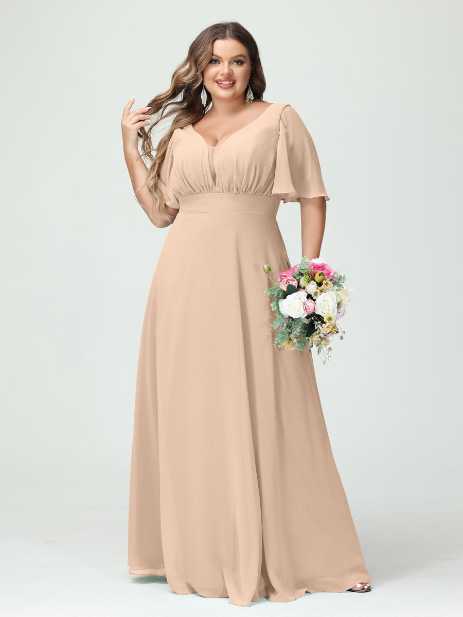 A-Line/Princess V-Neck Half Sleeves Chiffon Plus Size Bridesmaid Dresses with Pockets - Image 29