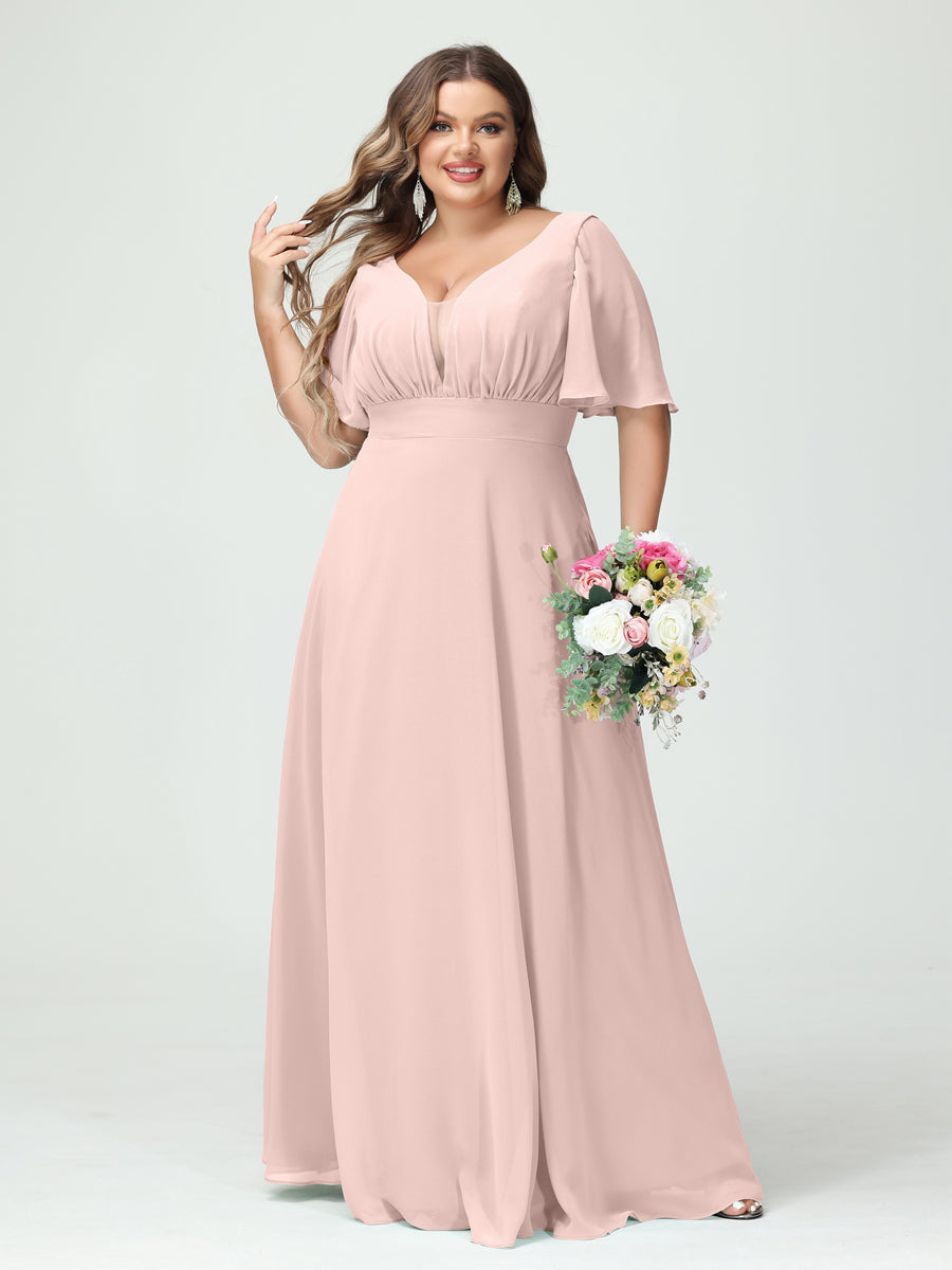 A-Line/Princess V-Neck Half Sleeves Chiffon Plus Size Bridesmaid Dresses with Pockets - Image 26