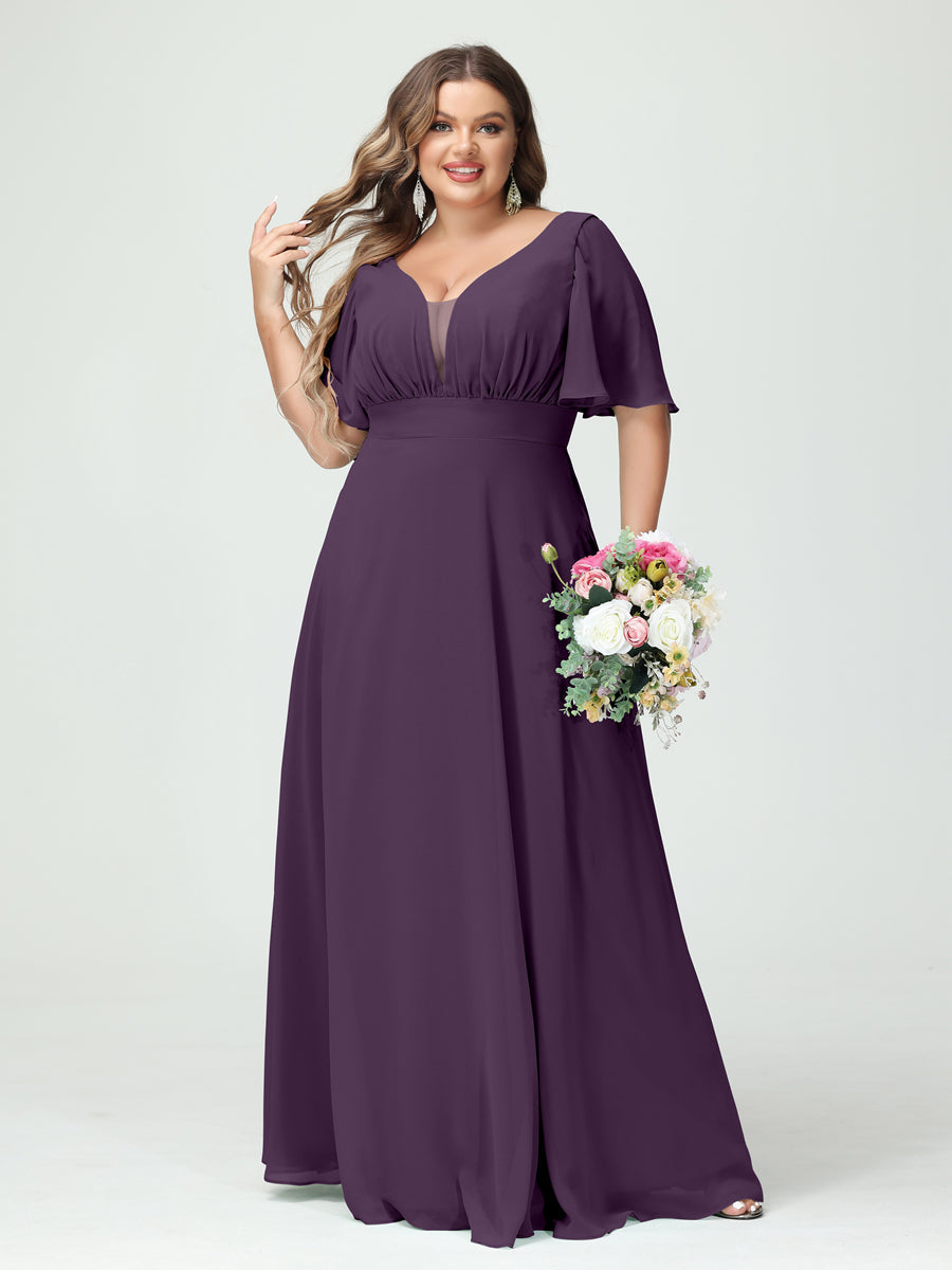 A-Line/Princess V-Neck Half Sleeves Chiffon Plus Size Bridesmaid Dresses with Pockets - Image 46
