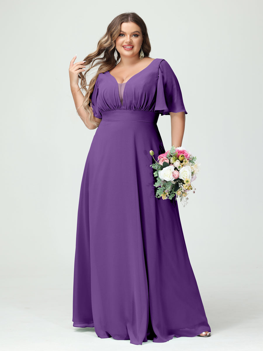 A-Line/Princess V-Neck Half Sleeves Chiffon Plus Size Bridesmaid Dresses with Pockets - Image 42
