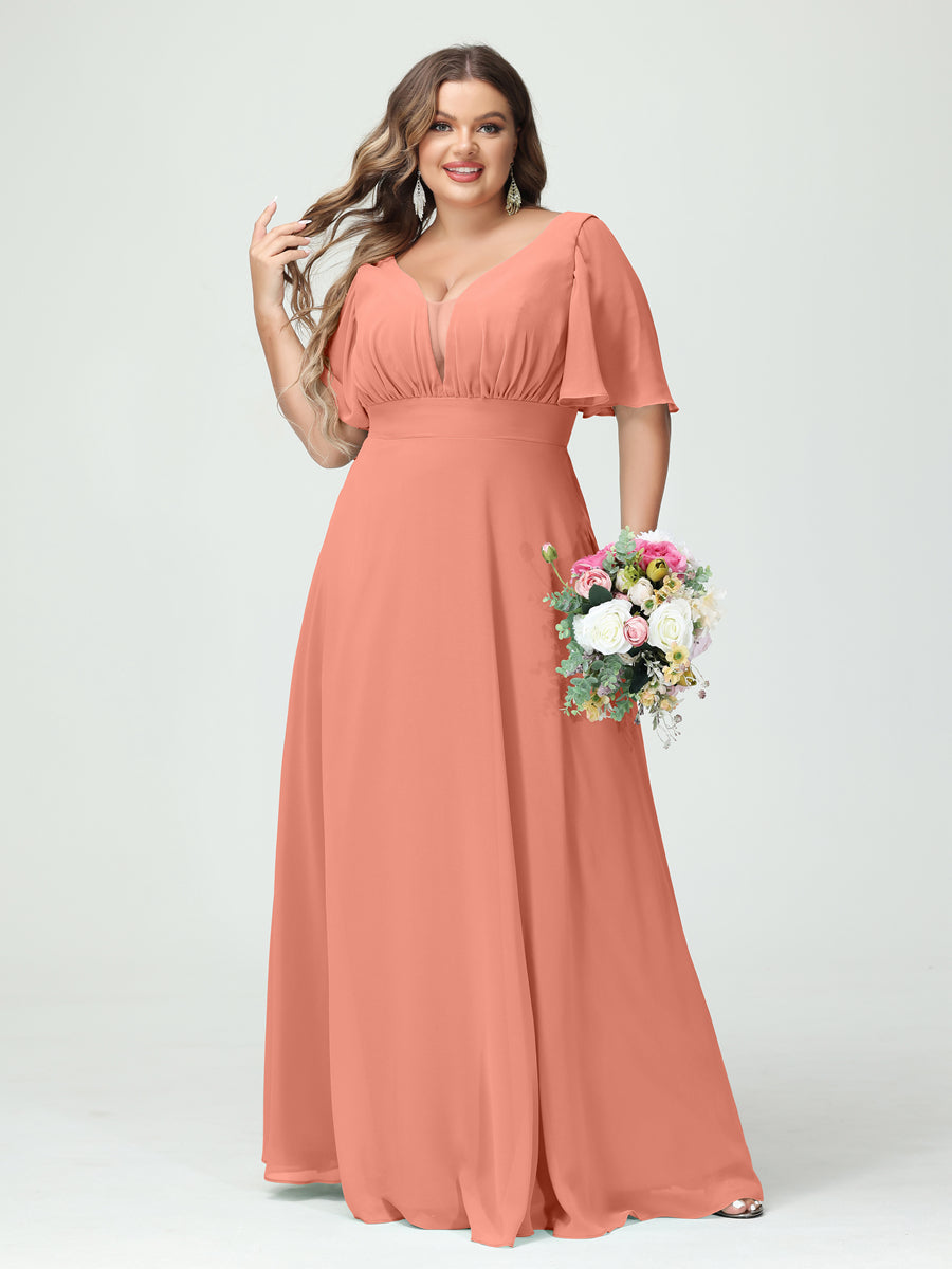 A-Line/Princess V-Neck Half Sleeves Chiffon Plus Size Bridesmaid Dresses with Pockets - Image 15