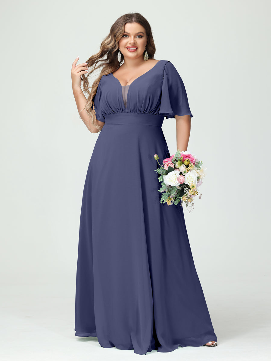 A-Line/Princess V-Neck Half Sleeves Chiffon Plus Size Bridesmaid Dresses with Pockets - Image 57