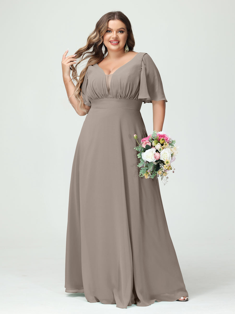 A-Line/Princess V-Neck Half Sleeves Chiffon Plus Size Bridesmaid Dresses with Pockets - Image 73