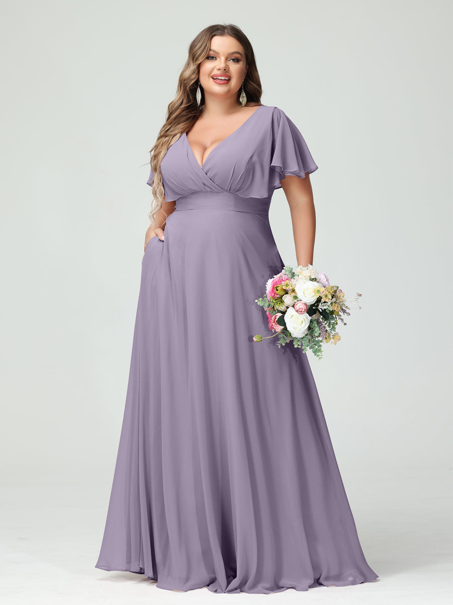 A-Line/Princess V-Neck Short Sleeves Chiffon Plus Size Bridesmaid Dresses with Pockets - Image 39