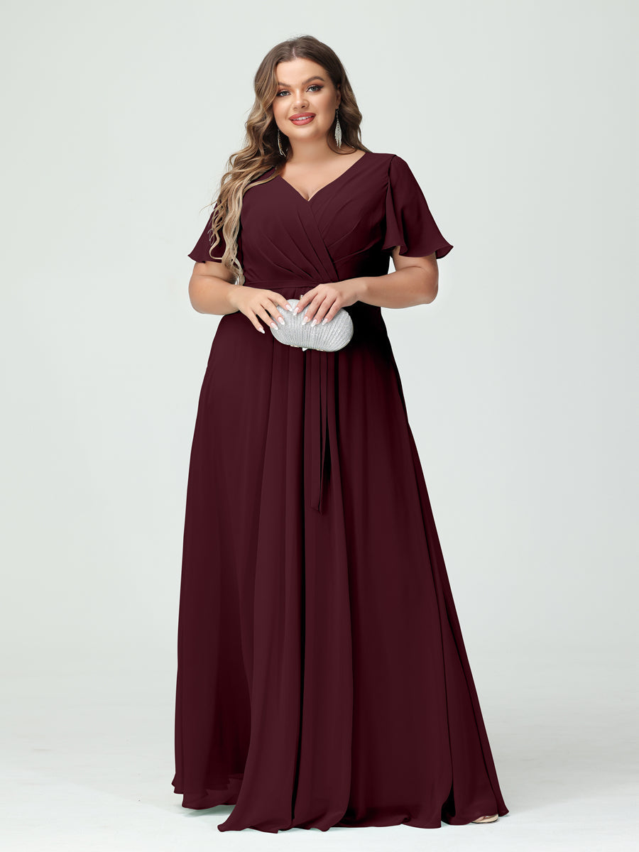 A-Line/Princess V-Neck Short Sleeves Chiffon Split Side Plus Size Bridesmaid Dresses with Pockets Belt - 이미지 12