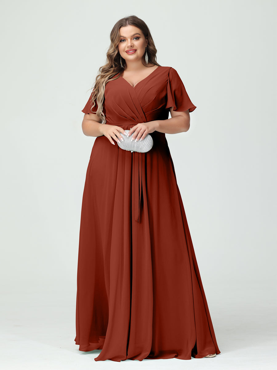 A-Line/Princess V-Neck Short Sleeves Chiffon Split Side Plus Size Bridesmaid Dresses with Pockets Belt - 이미지 13