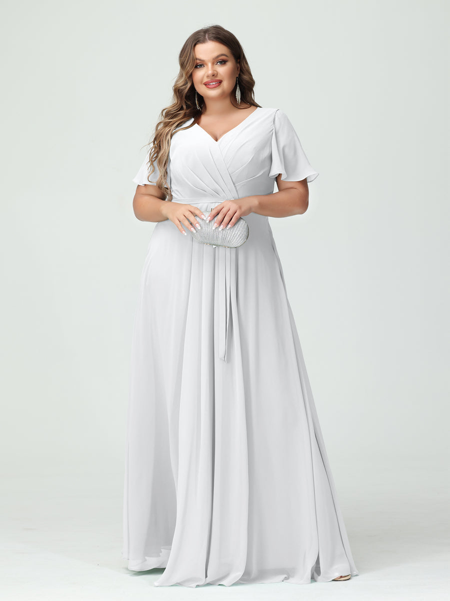 A-Line/Princess V-Neck Short Sleeves Chiffon Split Side Plus Size Bridesmaid Dresses with Pockets Belt - 이미지 19