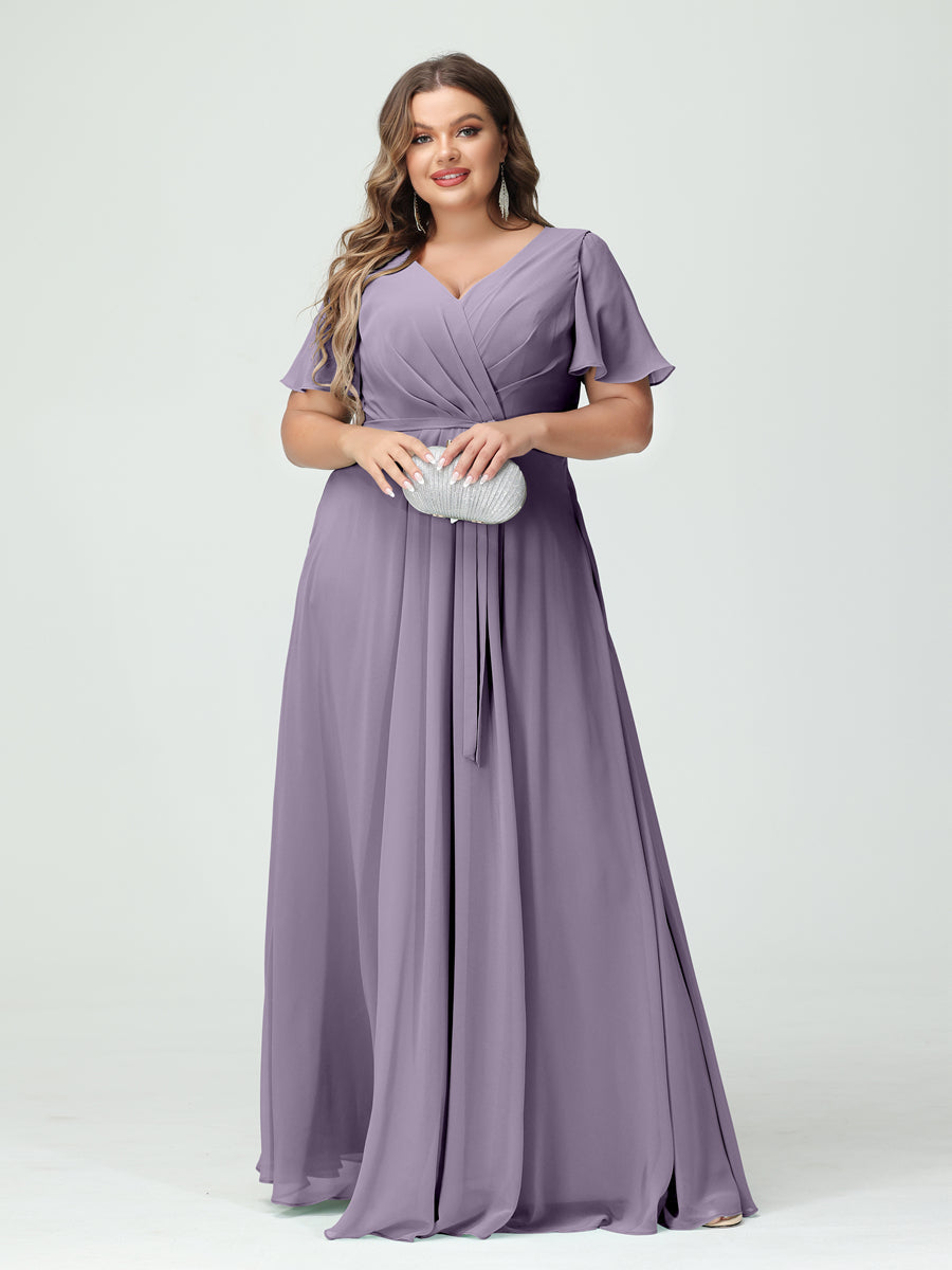 A-Line/Princess V-Neck Short Sleeves Chiffon Split Side Plus Size Bridesmaid Dresses with Pockets Belt - 이미지 39