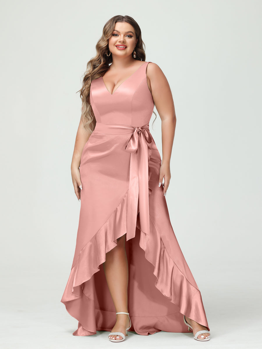 Sheath/Column V-Neck Sleeveless Ruffles High Low Plus Size Dresses with Pockets & Sash - Image 26