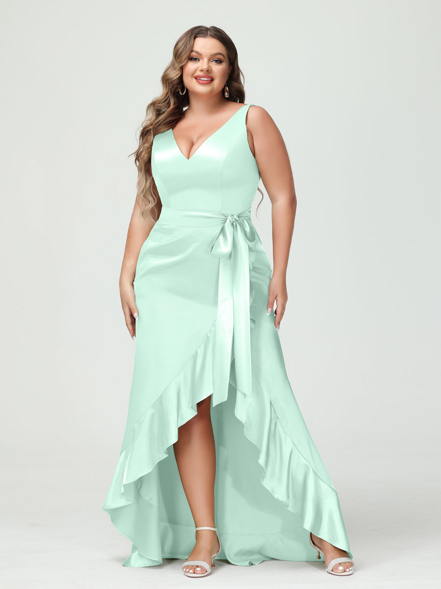 Sheath/Column V-Neck Sleeveless Ruffles High Low Plus Size Dresses with Pockets & Sash - Image 46