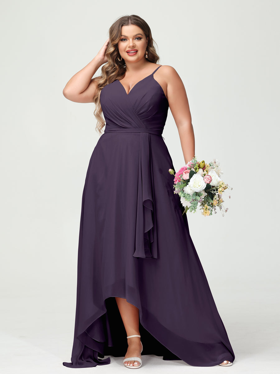 A-Line/Princess Spaghetti Straps Chiffon Ruffles Asymmetrical Plus Size Bridesmaid Dresses with Pockets - 画像 (46)