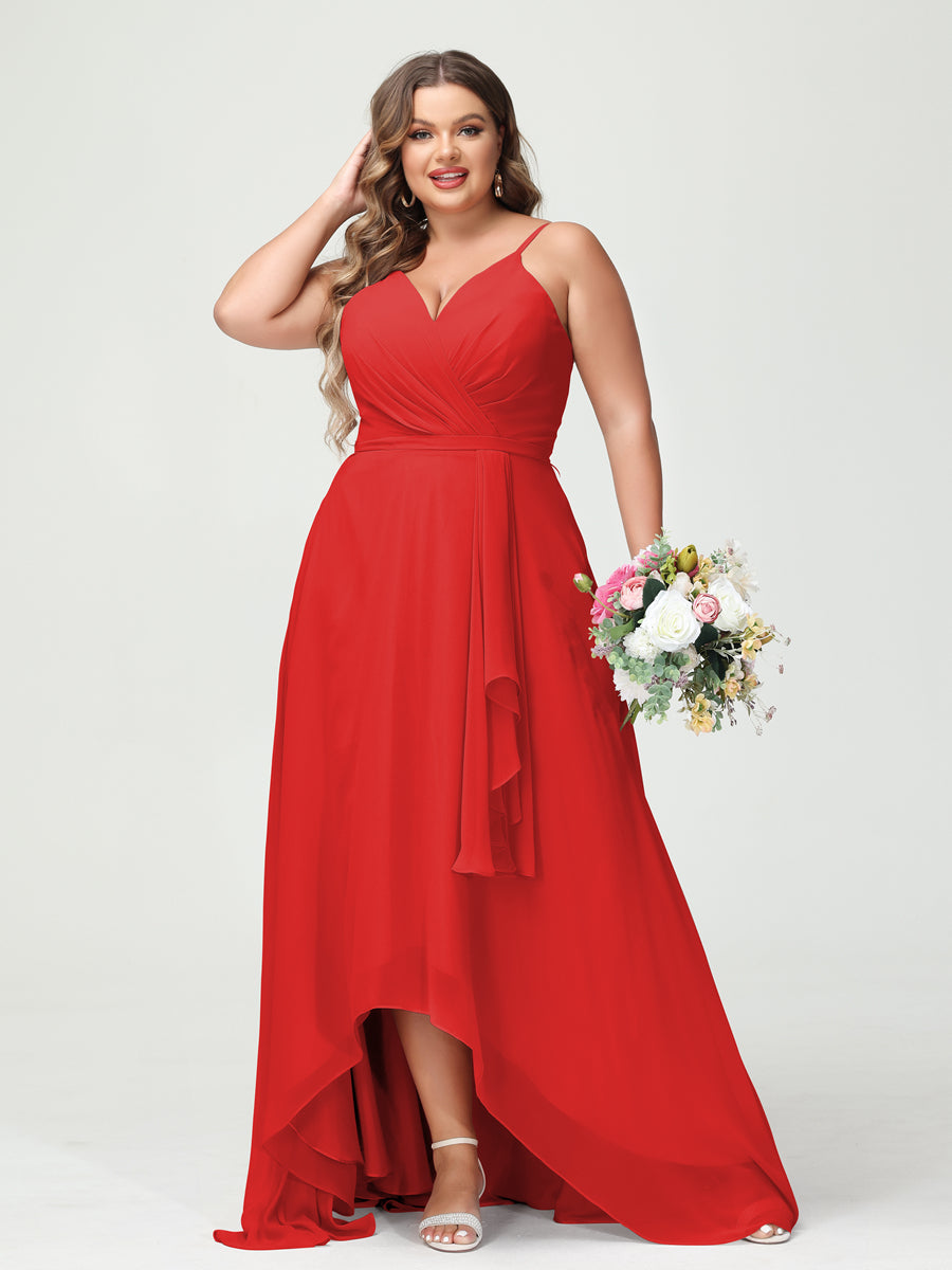 A-Line/Princess Spaghetti Straps Chiffon Ruffles Asymmetrical Plus Size Bridesmaid Dresses with Pockets - 画像 (37)