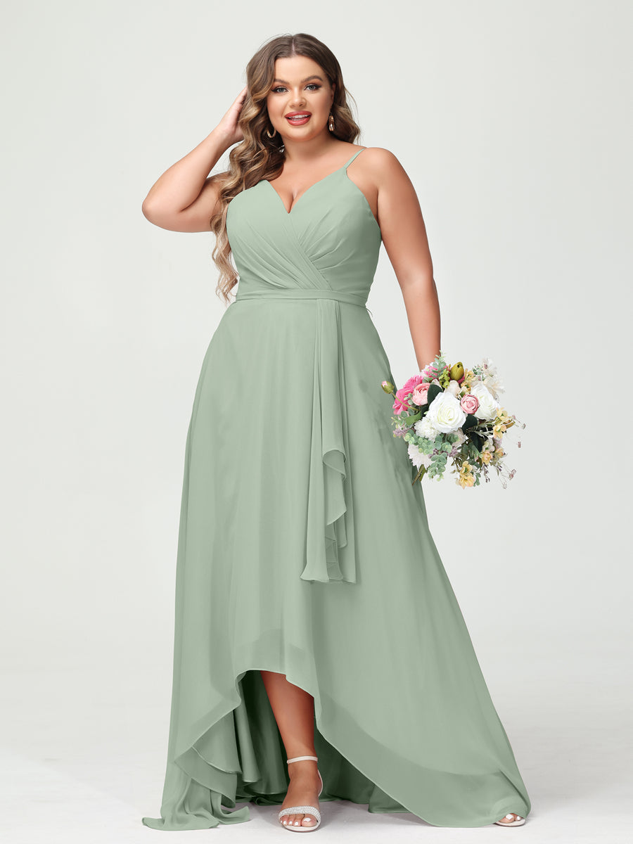 A-Line/Princess Spaghetti Straps Chiffon Ruffles Asymmetrical Plus Size Bridesmaid Dresses with Pockets - 画像 (11)