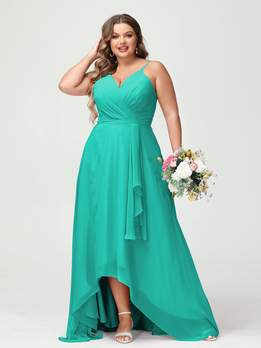 A-Line/Princess Spaghetti Straps Chiffon Ruffles Asymmetrical Plus Size Bridesmaid Dresses with Pockets - 画像 (64)