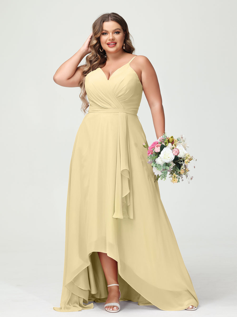 A-Line/Princess Spaghetti Straps Chiffon Ruffles Asymmetrical Plus Size Bridesmaid Dresses with Pockets - 画像 (69)