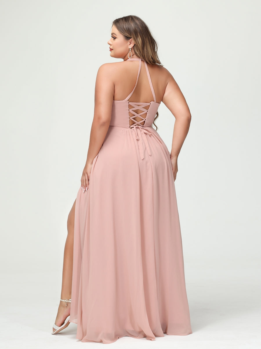 A-Line/Princess Halter Sleeveless Chiffon Ruched Split Side Plus Size Bridesmaid Dresses with Pockets - 이미지 2
