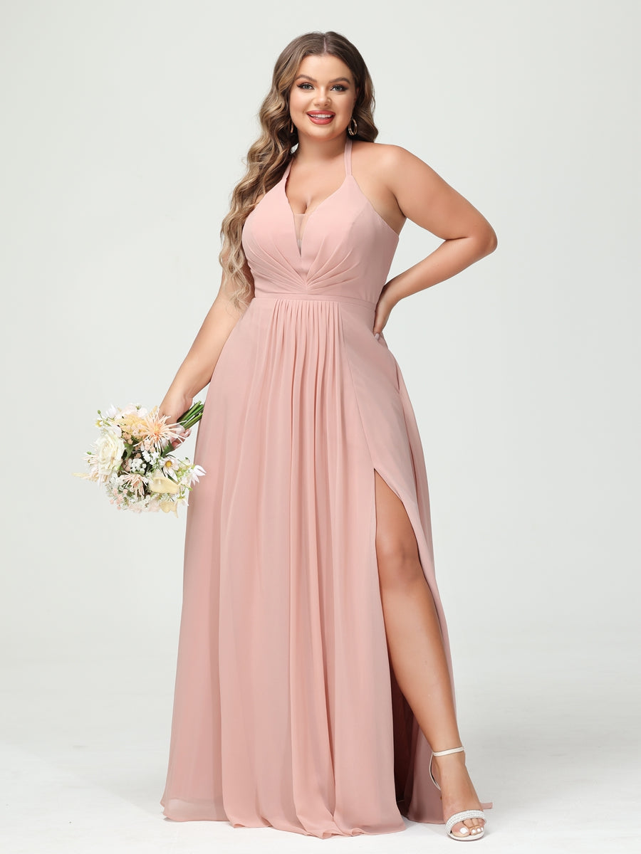 A-Line/Princess Halter Sleeveless Chiffon Ruched Split Side Plus Size Bridesmaid Dresses with Pockets - 이미지 3