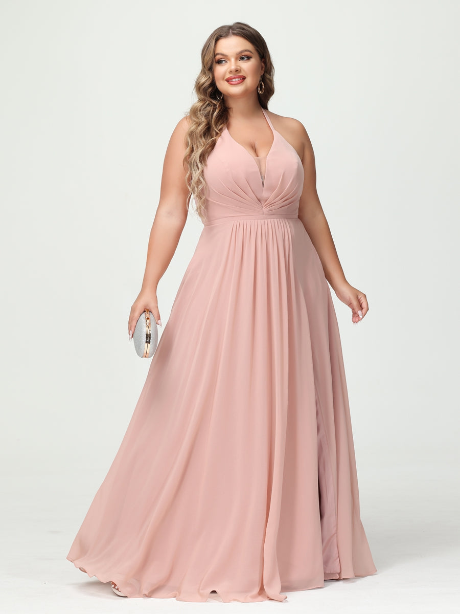 A-Line/Princess Halter Sleeveless Chiffon Ruched Split Side Plus Size Bridesmaid Dresses with Pockets - 이미지 5