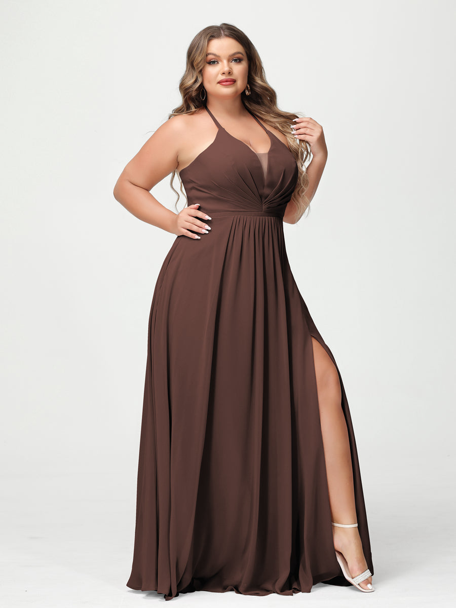 A-Line/Princess Halter Sleeveless Chiffon Ruched Split Side Plus Size Bridesmaid Dresses with Pockets - 이미지 75