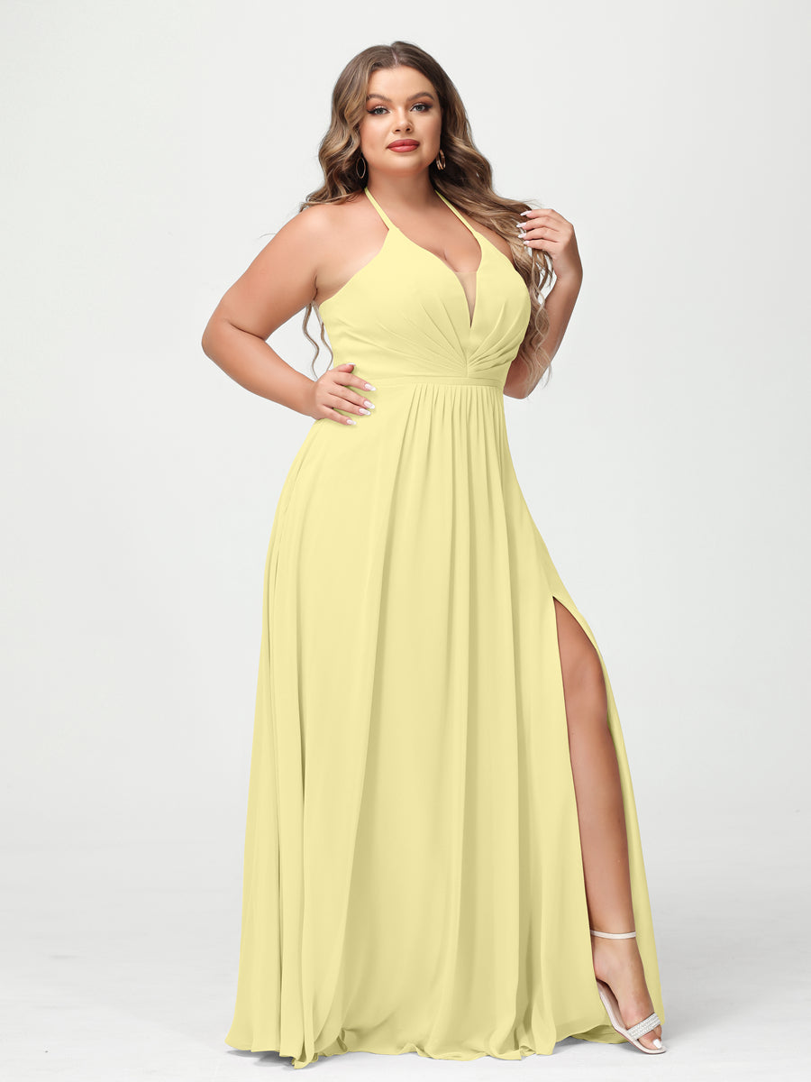 A-Line/Princess Halter Sleeveless Chiffon Ruched Split Side Plus Size Bridesmaid Dresses with Pockets - 이미지 68