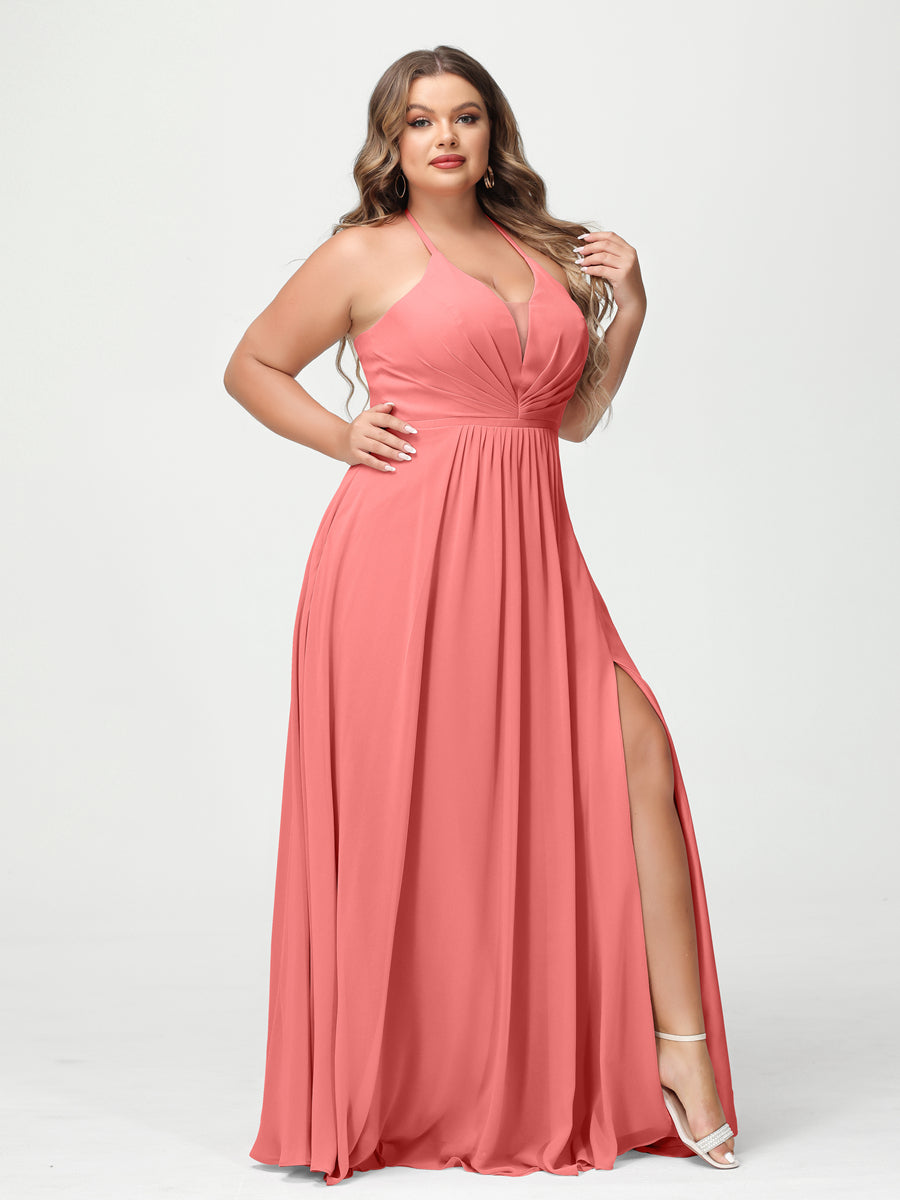 A-Line/Princess Halter Sleeveless Chiffon Ruched Split Side Plus Size Bridesmaid Dresses with Pockets - 이미지 31